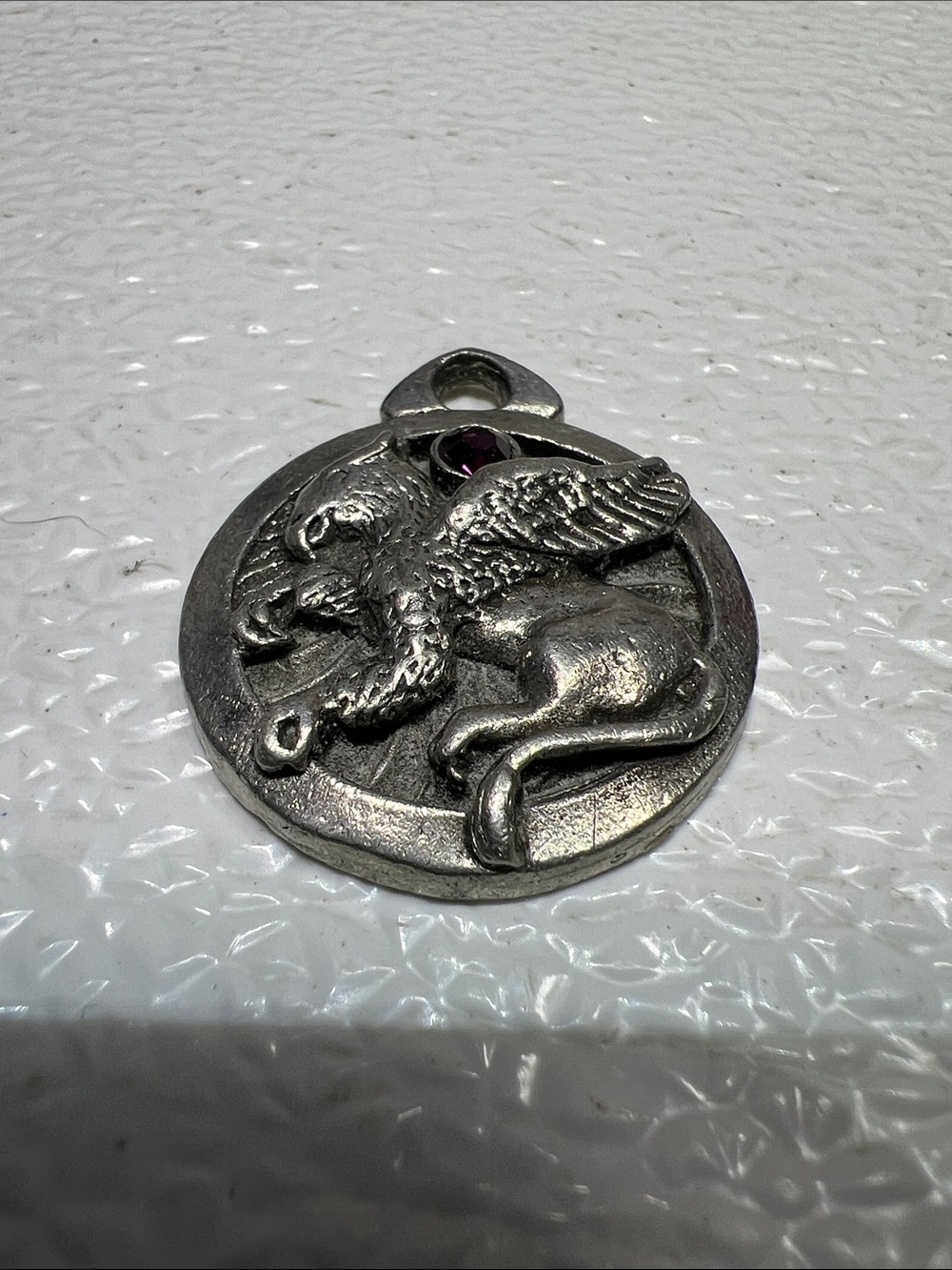 Vintage Comstock Creations Griffin Medallion Pewter Pendant Purple Gemstone